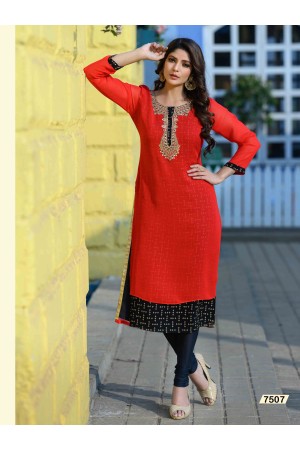 Tomato Red Designer Georgette Kurti 